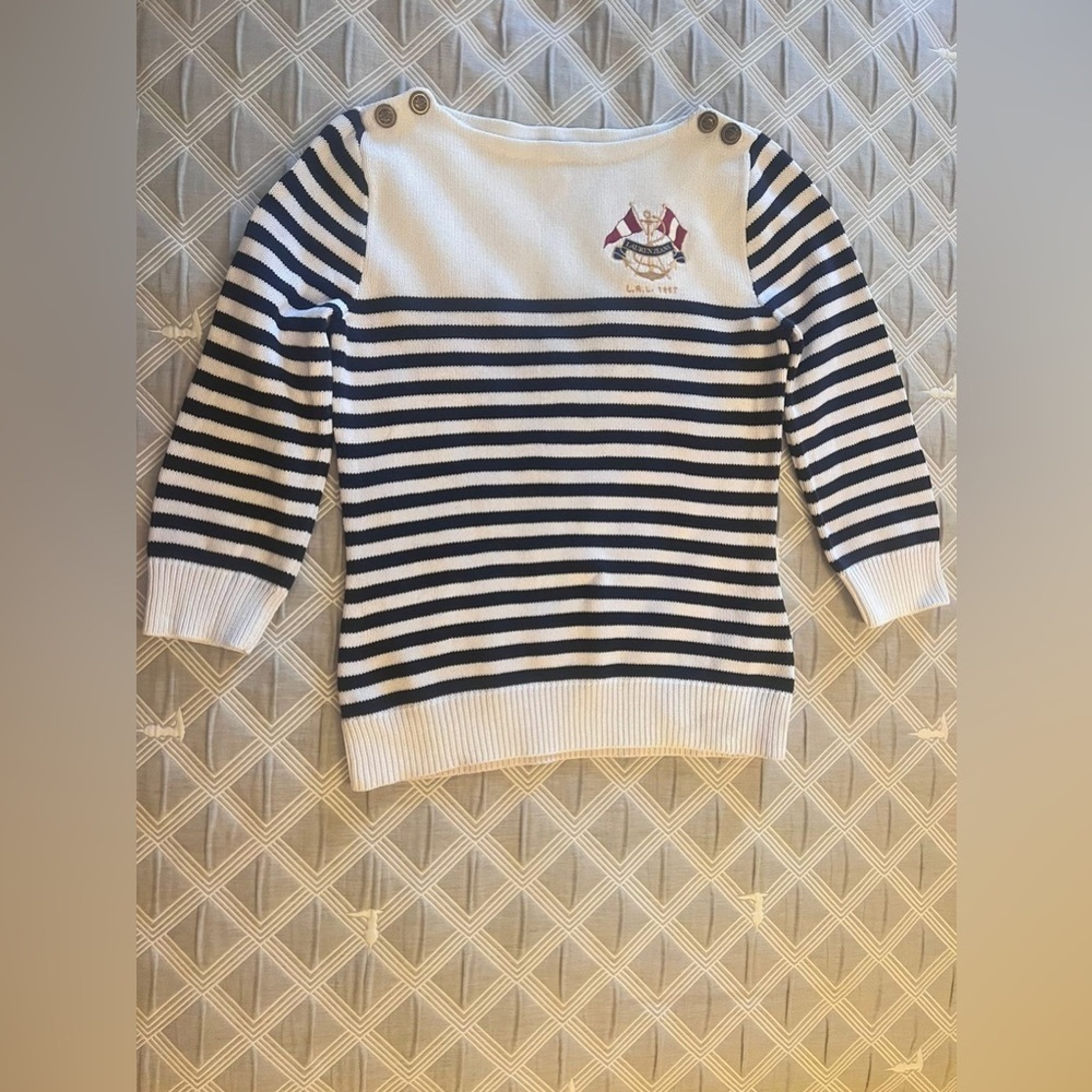 Lauren Ralph Lauren white and blue stripped Sweater with Embroidered Crest M - Picture 1 of 12